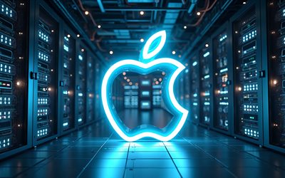 4k, Apple blue neon logo, bokeh, electronics brands, datacenter racks, artwork, Apple logo, darkness, brands logo, Apple neon logo, Apple, brands, Apple blue logo