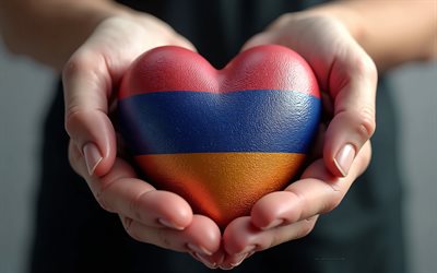 amo l'armenia, 4k, cuore 3d come la bandiera dell'armenia nelle mani, viaggia in armenia, cuore nelle mani, cuore come la bandiera dell'armenia, bandiera dell'armenia, giorno dell'armenia, amore per l'armenia