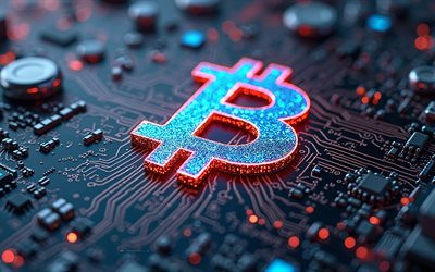 logo bitcoin, signe bleu brillant bitcoin, microchips, crypto monnaie, technologies modernes, emblème bitcoin, logo bitcoin 3d, bitcoin