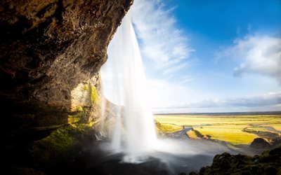 Europa, Seljalandsfoss, verano, rocas, cascadas, Islandia