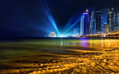 Doha, orizzonte, notte, grattacieli, Qatar