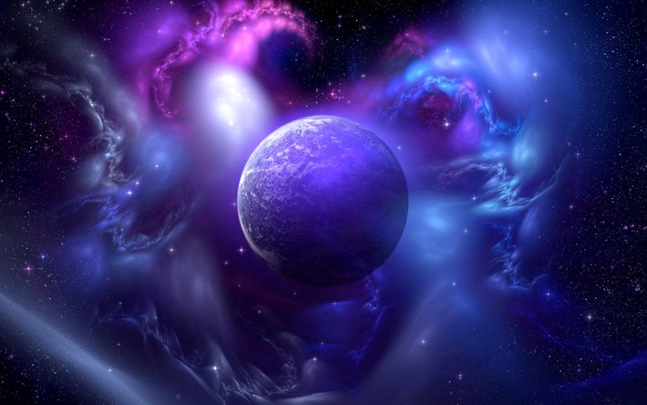 violet planet, 3D art, stars, planets, sci-fi, galaxy, nebula, NASA, planets in space, 3D planets