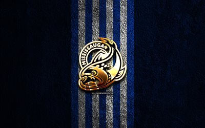 mississauga steelheads kultainen logo, 4k, sininen kivi tausta, ohl, kanadan jääkiekkojoukkue, mississauga steelheads logo, jääkiekko, mississauga steelheads