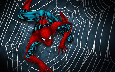 spider-man on spiderweb, 4k, obras de arte, marvel comics, super-heróis, cartoon spider-man, teia de aranha, spider-man, spider-man 4k