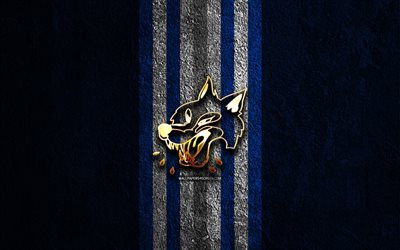 sudbury wolves logotipo dourado, 4k, pedra azul de fundo, ohl, time de hóquei canadense, sudbury wolves logotipo, hóquei, sudbury wolves