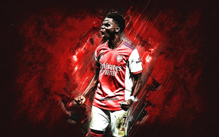 bukayo saka, arsenal fc, engelsk fotbollsspelare, bakgrund med röd sten, premier league, england, fotboll, saka arsenal