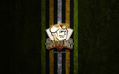 goldenes logo des north bay battalion, 4k, grüner steinhintergrund, ohl, kanadisches hockeyteam, logo des north bay battalion, hockey, north bay battalion