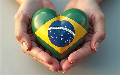 j'adore le brésil, 4k, drapeau brésilien, cœur 3d comme le drapeau du brésil dans les mains, voyage au brésil, cœur dans les mains, coeur comme le drapeau du brésil, drapeau du brésil, jour du brésil, l'amour pour le brésil