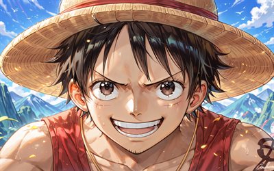 4k, mono d luffy, de cerca, una pieza, montañas, gear quinto, luna roja, manga, personajes de una pieza, engranaje 5, obra de arte, gomu gomu no mi, monkey d luffy one piece