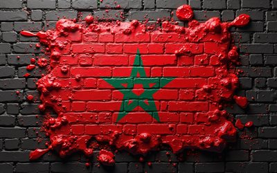 4k, bandera de marruecos, obra de arte, muro de ladrillo negro, arte de pintar, bandera marroquí, salpicaduras de pintura, creativo, áfrica, símbolos nacionales marroquíes, marruecos 3d bandera, marruecos