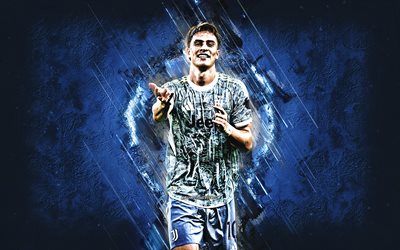 Kenan Yildiz, Juventus FC, Turkish football player, blue stone background, Juventus, Juve, grunge art, goal celebration, Serie A, Italy, football, Kenan Yildiz Juventus