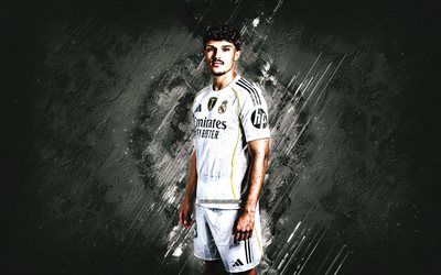 youssef enriquez, 레알 마드리드 cf, 모로코 축구 선수, 흰색 돌 배경, 레알 마드리드, 그런지 예술, la liga, 스페인, 축구, youssef enriquez 레알 마드리드