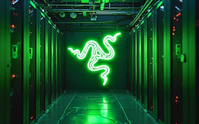 4k, Razer green neon logo, bokeh, electronics brands, datacenter racks, artwork, Razer logo, darkness, brands logo, Razer neon logo, Razer, brands, Razer green logo