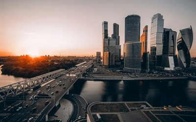 Moscow City, sunset, bridge, skyscrapers, Moscow, Russia