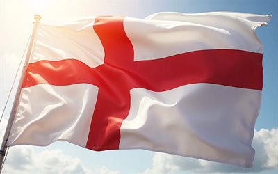 イギリスの旗, 4k, 夕方, 日没, 風の中の英語の旗, 空に対する英語の旗, イギリス, イングランドの旗
