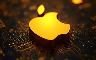 apple 3d yellow logo, 4k, scheda madre gialla, logo apple, emblema di mela, background tecnologico giallo, mela, logo apple 3d