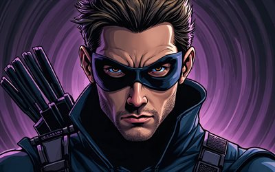 4k, occhio di falco, background astratto viola, supereroi, marvel comics, avvicinamento, hawkeye 3d, opera d'arte, fan art, hawkeye 4k