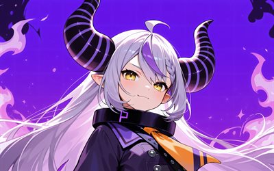 laplus, 4k, antecedentes abstratos roxos, virtual youtuber, criativo, hololive, vtuber, olhos roxos, escuridão de la, mangá, canal de laplus, laplus virtual youtuber