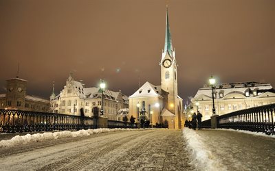 snow, the bridge, building, lights, zurich city, night, switzerland, winter