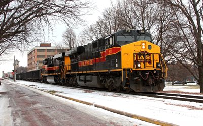 composition, locomotive, snow, rails, railroad, iowa interstate, united states