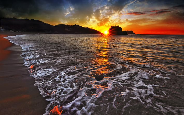la arena, la playa, el sol, el mar, la costa, la puesta de sol