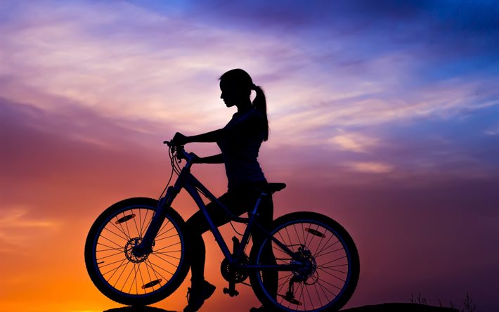 silueta de niña, puesta de sol, la bicicleta, el cielo, deportes
