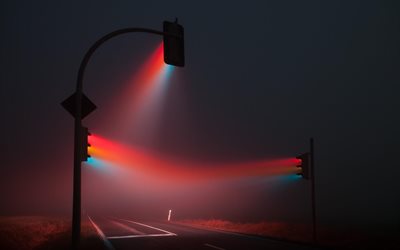 semáforos, névoa, estrada, luzes, noite, o semáforo