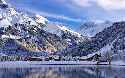 engelberg, la neige, la maison, le village, la vue, suisse