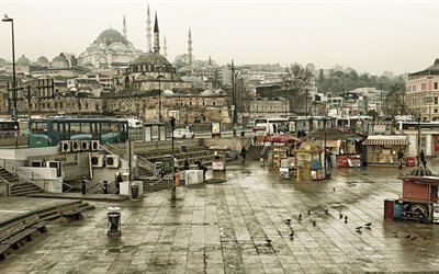 이스탄불, turkey, 모스크, 건, 시티 스퀘어, 이슬람 건축, 버스, 마을 사각형, 자동차, 비둘기, 벤치, 계단
