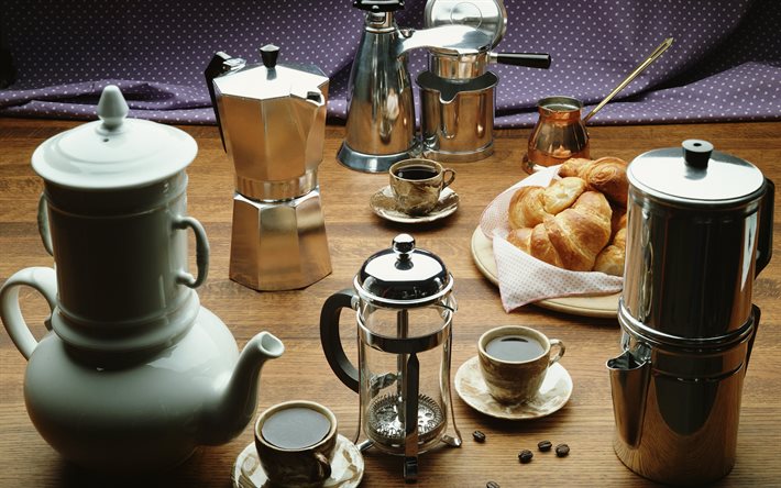 kettle, table, the grinder, turk, tea, croissants