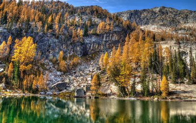 autumn, trees, mountain, stone, the pond, nature