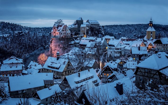sassonia, hohnstein, la sera, d'inverno, la città, la casa, il tetto, germania