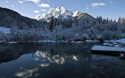 trees, the lake, water, snow, mountains, blue sky