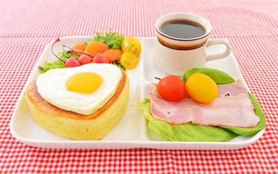 omelette, coffee, greens, bacon, tablecloth, bun, ham, breakfast, egg, tomatoes