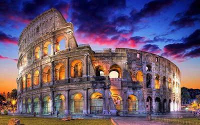 el anfiteatro, el monumento de la arquitectura, el coliseo, la noche, roma, italia