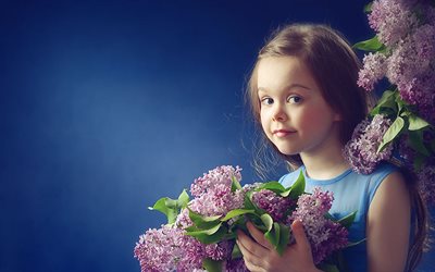 tyttö, siniset silmät, kukat, lila, lapsi
