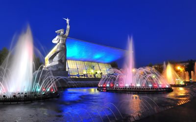 water, lights, fountain, the aurora theatre, the city, night, monument, krasnodar, kuban, russia