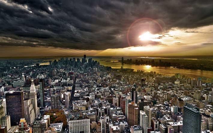 panorama, vue de dessus, gratte-ciel, le soleil, la ville, new york, états-unis
