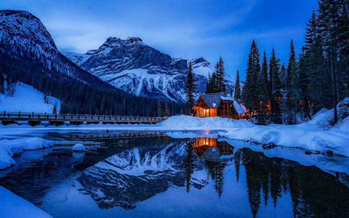 Banff Ulusal Parkı, kış, gece, dağlar, Alberta, Kanada