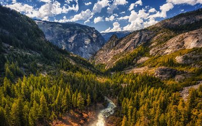 Tuolumne Meadows, montañas, valle, río, bosque, California, estados unidos, USA