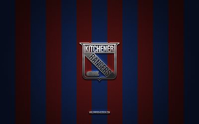 Kitchener Rangers logo, Canadian hockey team, Canadian Hockey League, CHL, blue red carbon background, Kitchener Rangers emblem, hockey, Kitchener Rangers, Canada