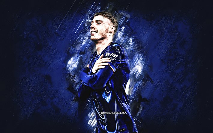 cole palmer, chelsea fc, football di football inglese, sfondo di pietra blu, grunge art, premier league, inghilterra, calcio