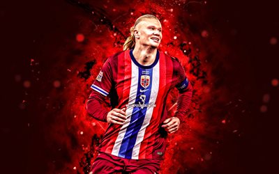 erling haaland, 4k, röda neonljus, norge national football team, norge, norska fotbollsspelare, fotboll, erling haaland 4k, landslag, erling braut haaland