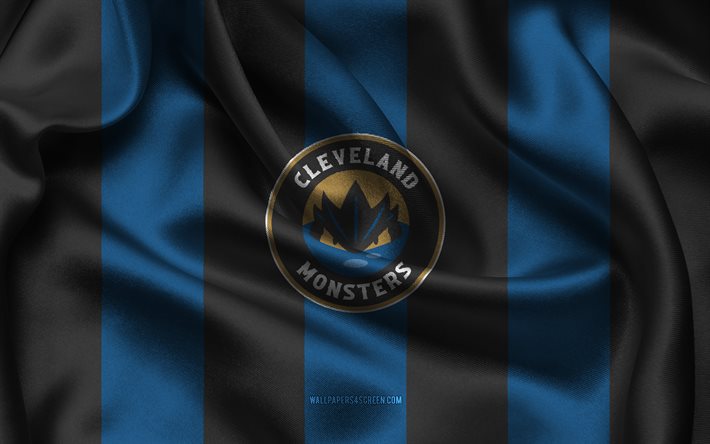 4k, cleveland monsters logo, blauer schwarzer seidenstoff, american hockey team, cleveland monsters emblem, ahl, cleveland monster, usa, eishockey, cleveland monsters flag, american hockey league