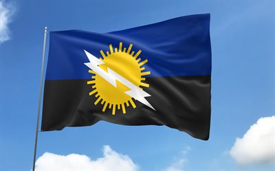 zulia flagga på flaggstång, 4k, venezuelanska stater, blå himmel, zulia flagga, wavy satinflaggor, zuliaflagga, stater i venezuela, flaggstång med flaggor, zulia dag, venezuela, zulia