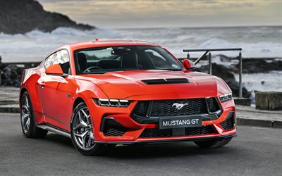 2024, ford mustang gt, frontansicht, äußerlich, orange ford mustang, amerikanische sportwagen, ford
