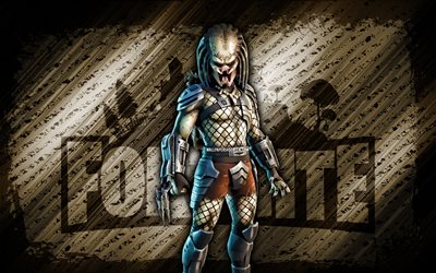 casco al largo di predator fortnite, 4k, sfondo diagonale marrone, grunge art, fortnite, opera d'arte, casco off della pelle di predatore, personaggi fortnite, casco off predatore, helmet fortnite off skin predatori