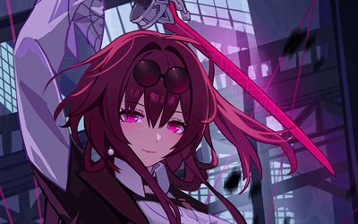 Kafka, manga, Honkai Star Rail, red sword, anime characters, red flowers, Honkai Star Rail characters, Kafka Honkai Star Rail