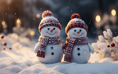 snowmen, gemelli, inverno, sera, tramonto, nevicare, snowmen 3d, 3d art, pupazzo di neve