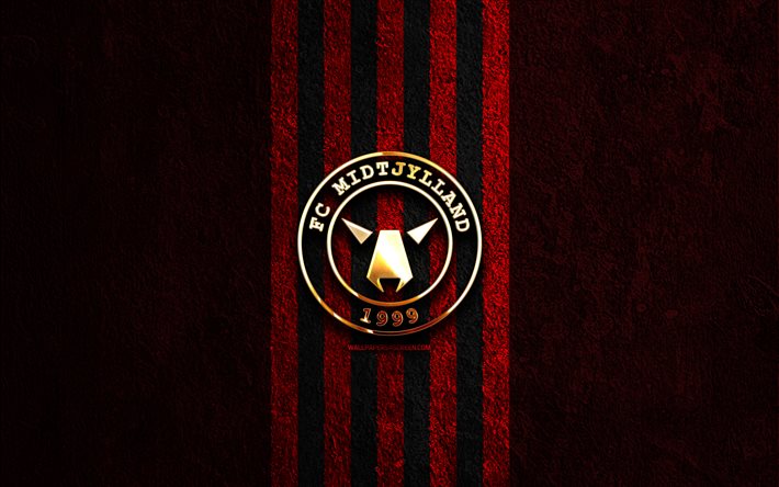 fc midtjylland logo dorado, 4k, fondo de piedra roja, superliga danesa, club de fútbol danés, fc midtjylland logo, fútbol, fc midtjylland emblema, fc midtjylland, fútbol americano, midtjylland fc